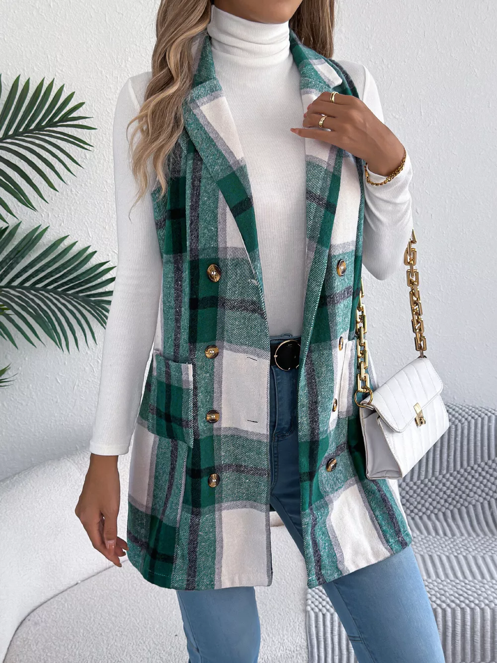 Plaid Double-Breasted Vest Coat, image 8