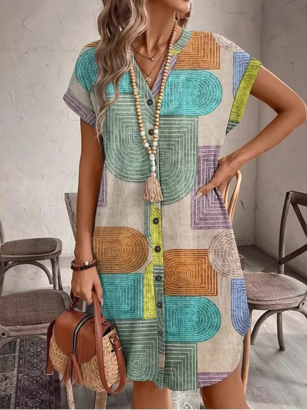 Full Size Geometric Print Button-Down Shirt Dress Plus Size, image 3