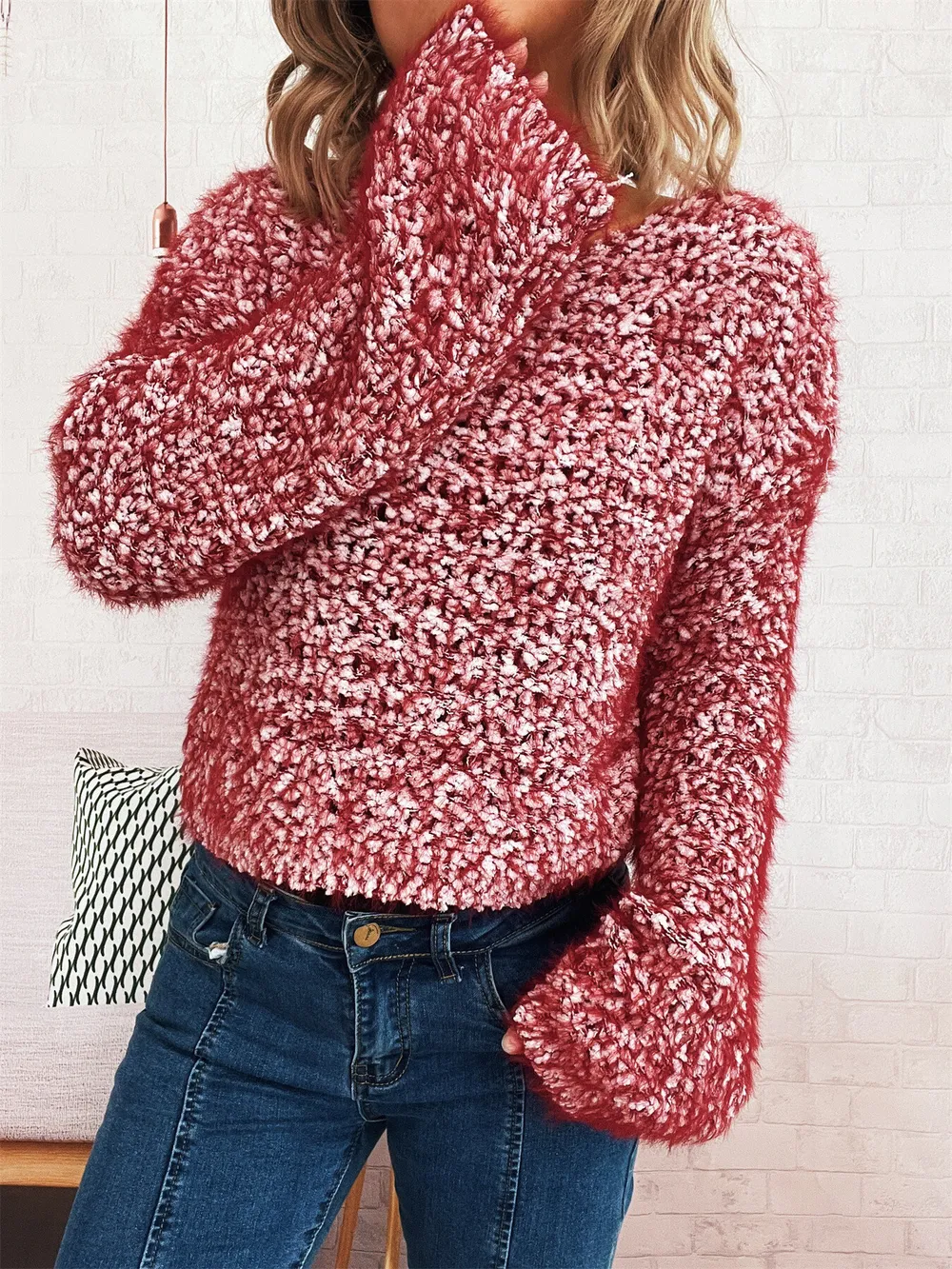 Crochet Round Neck Dropped Shoulder Sweater, image 15