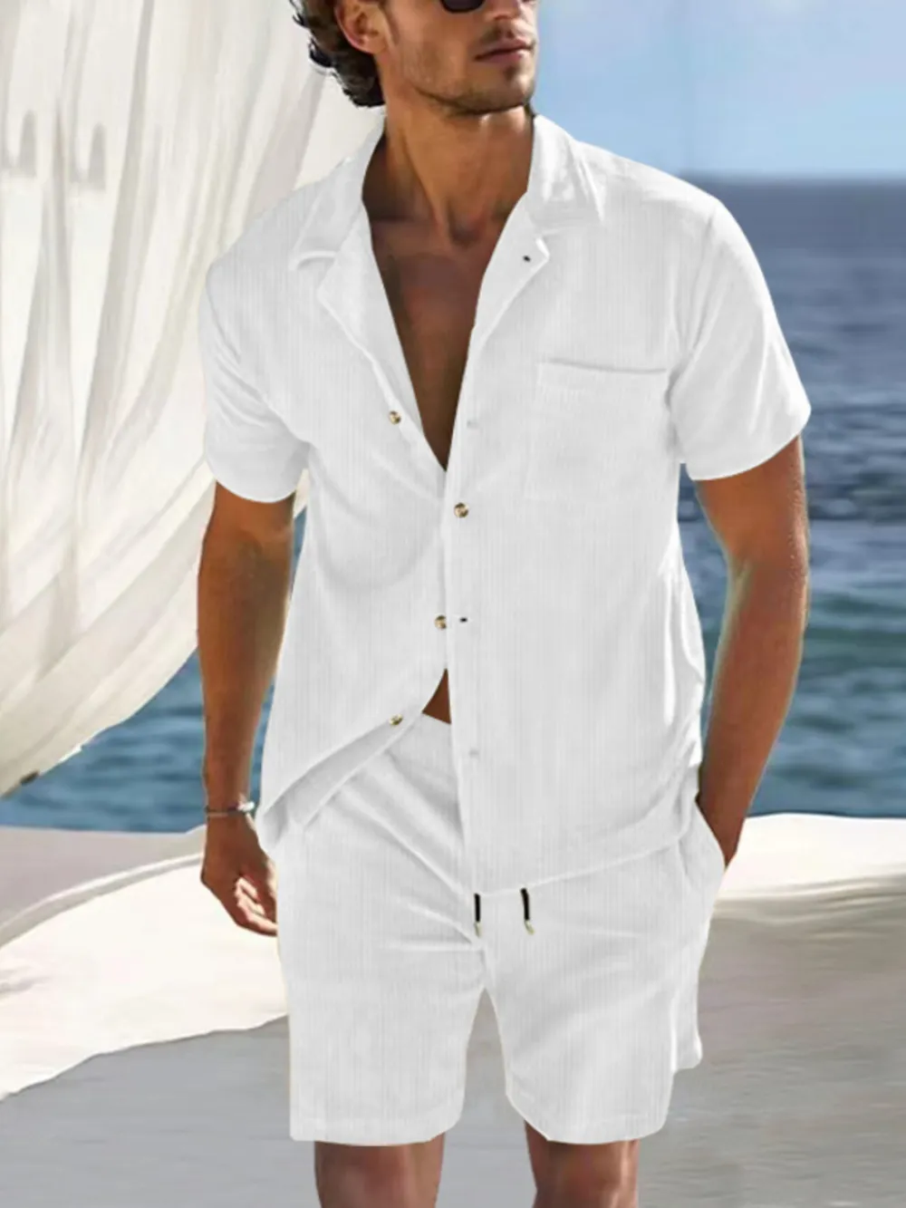 Men's Full Size Button Detail Short Sleeve Top and Shorts Set Plus Size, image 5