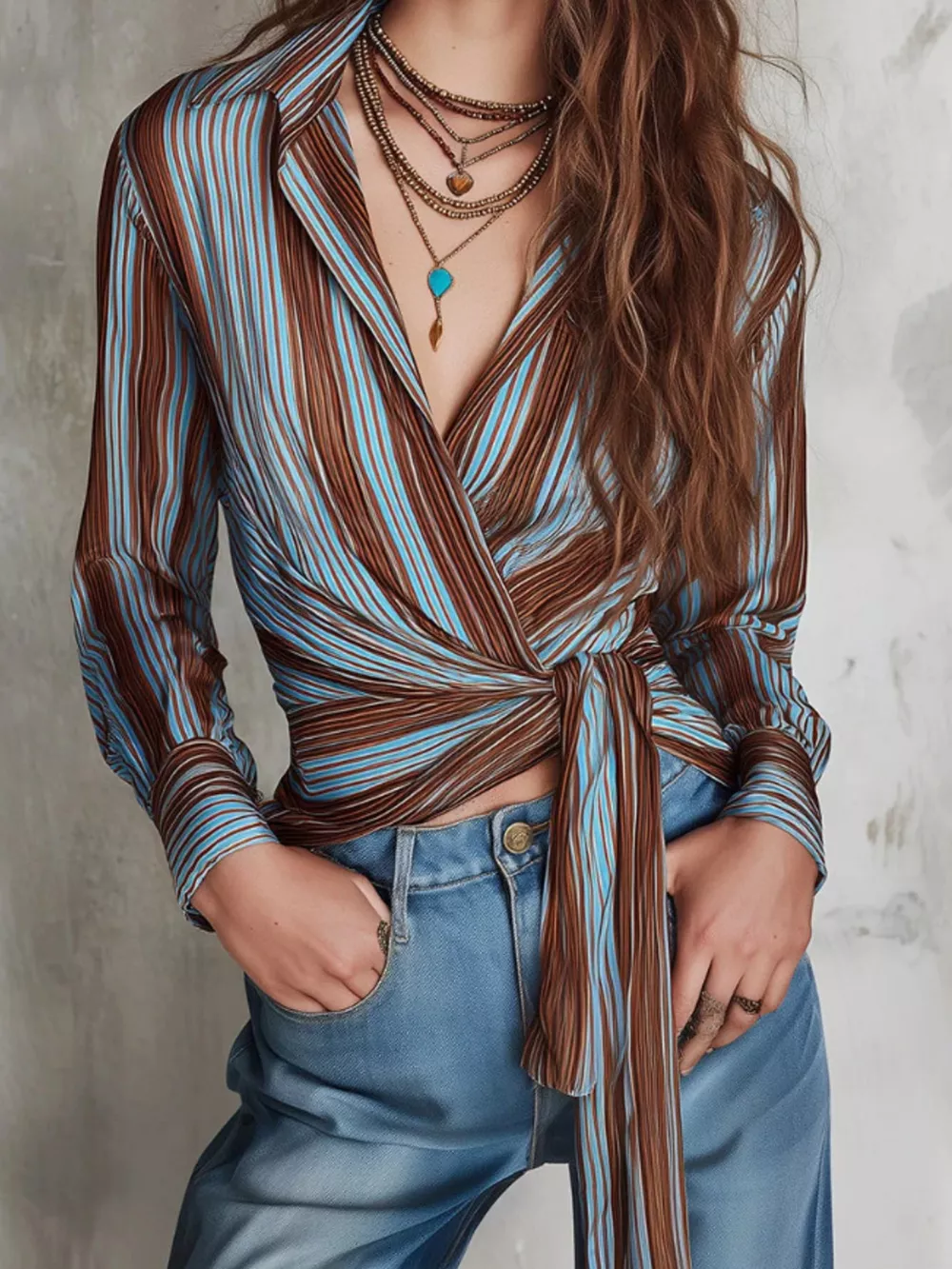 Striped Wrap Shirt with Tie-Front Detail