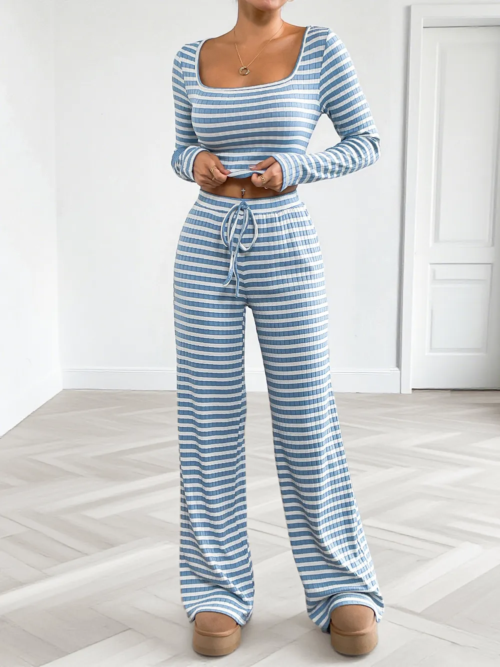 Striped Square Neck Long Sleeve Top and Pants Lounge Set, image 4