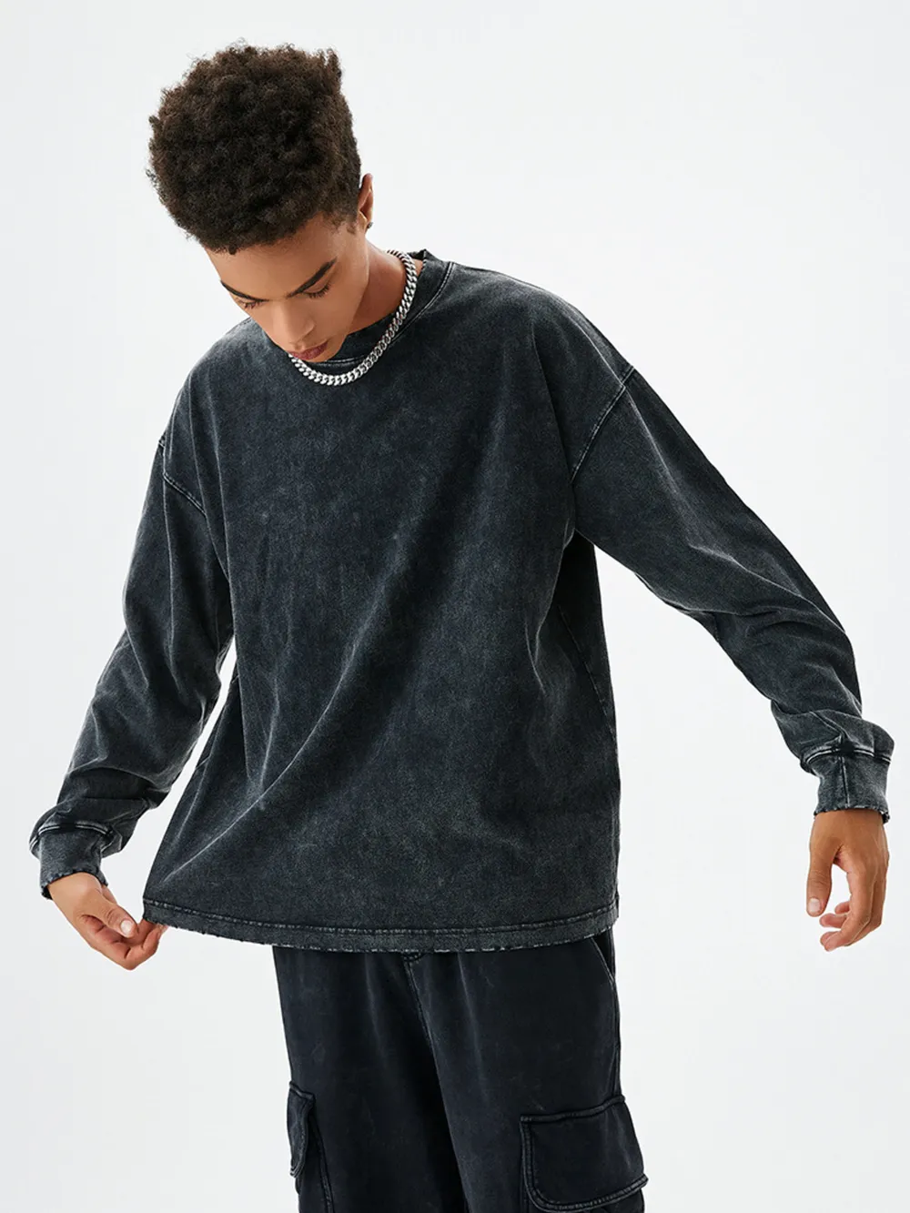 Men's Washed Round Neck Dropped Shoulder Sweatshirt, image 4