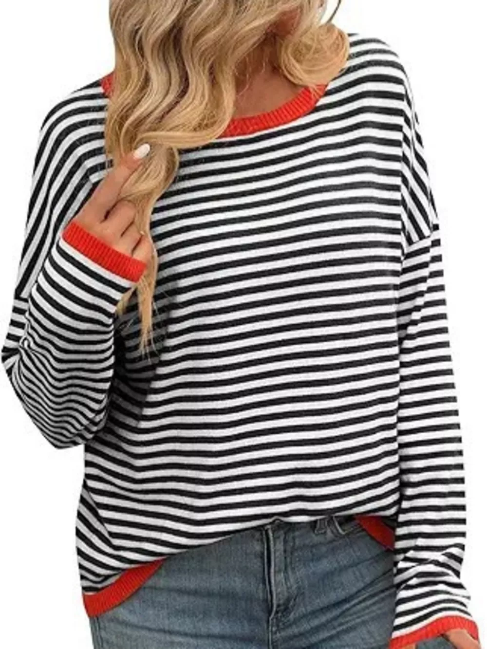 Plus Size Contrast Striped Long Sleeve Sweater, image 4