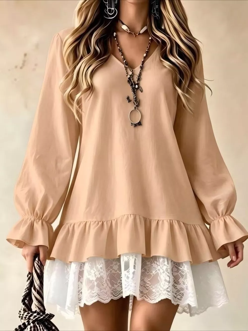 V-Neck Long Sleeve Ruffle Hem Lace Trim Mini Dress, image 8