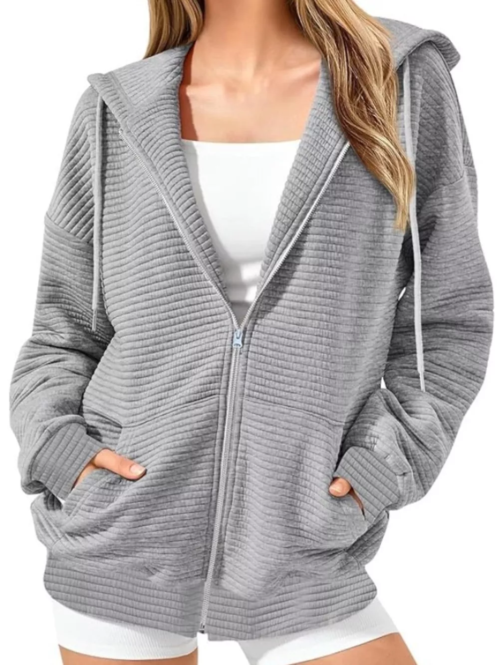 Drawstring Zip Up Dropped Shoulder Hoodie, image 2