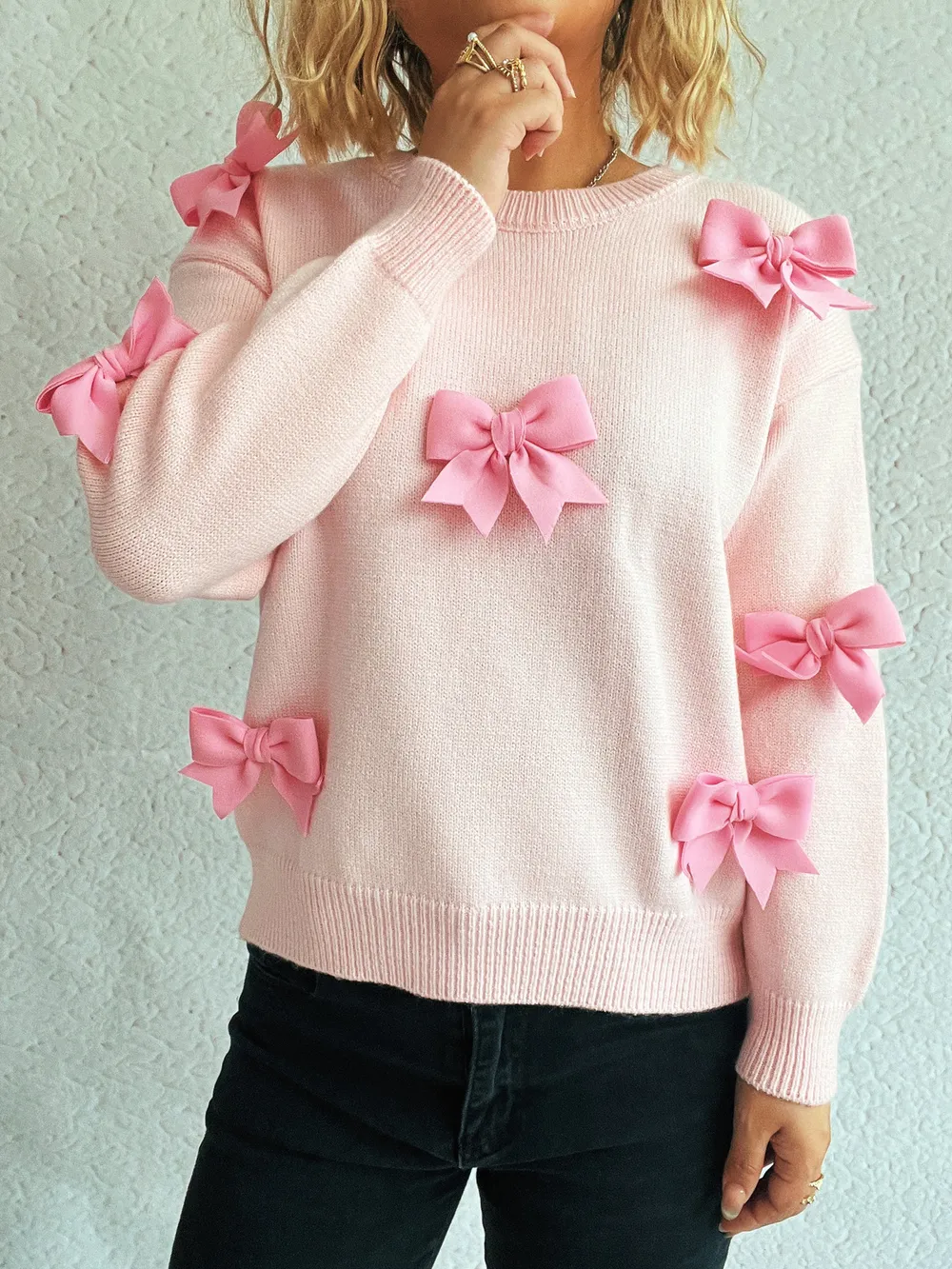 Bow Round Neck Long Sleeve Sweater, image 6