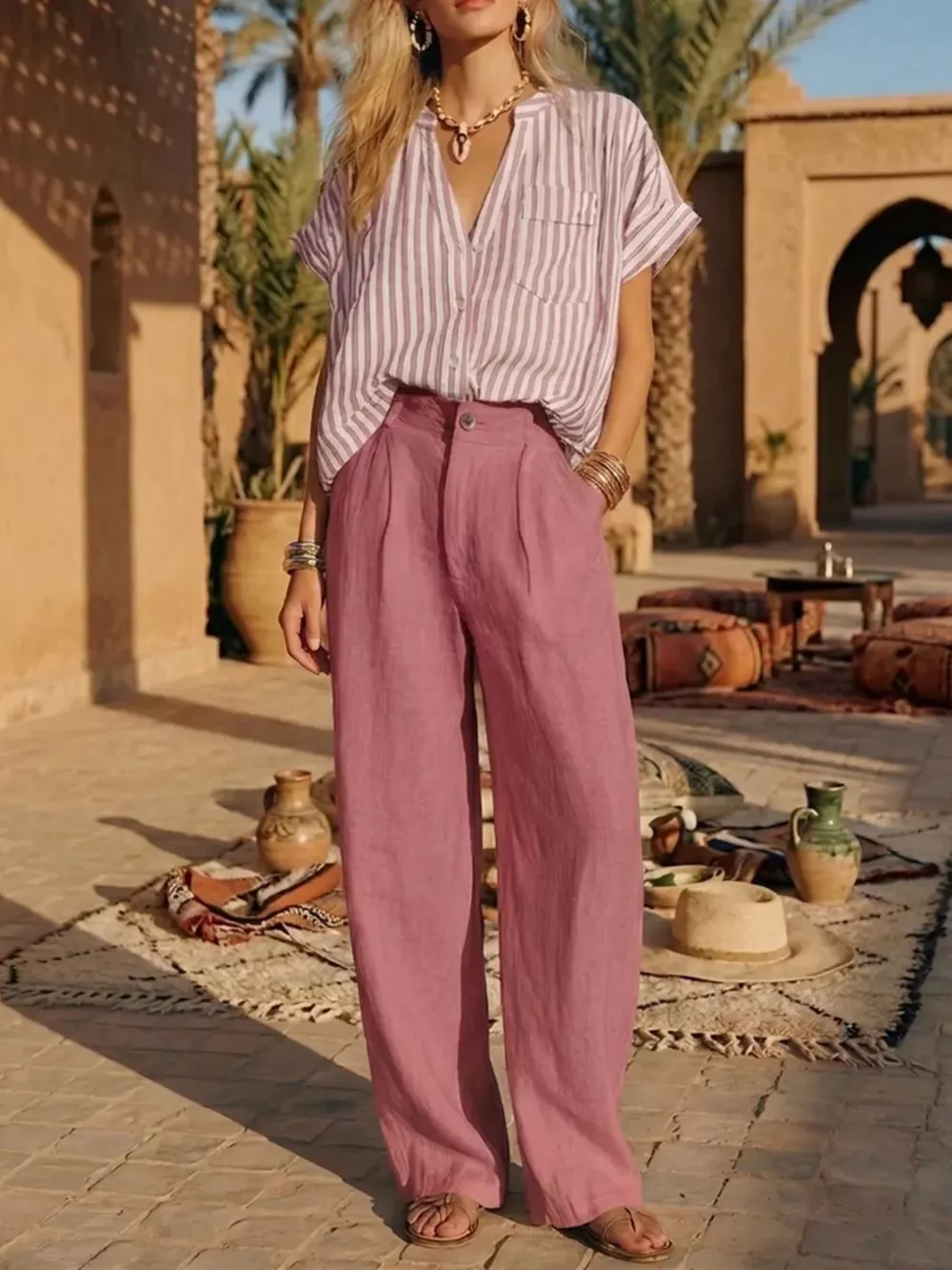 Full Size Striped Button Up Shirt and Pants Set Plus Size, image 3