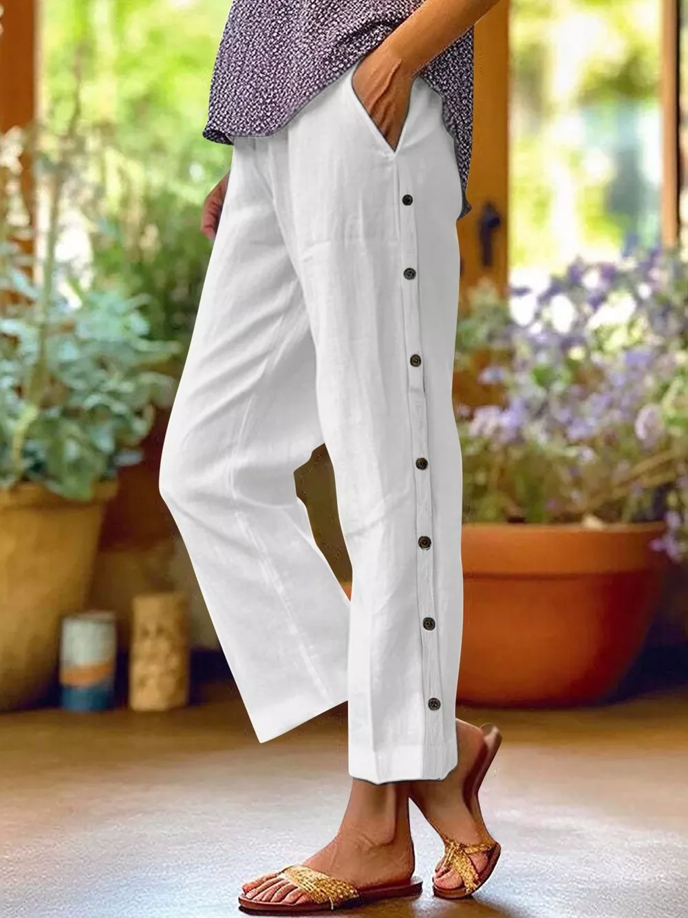 Full Size Side Button Decor Pants Plus Size, image 2