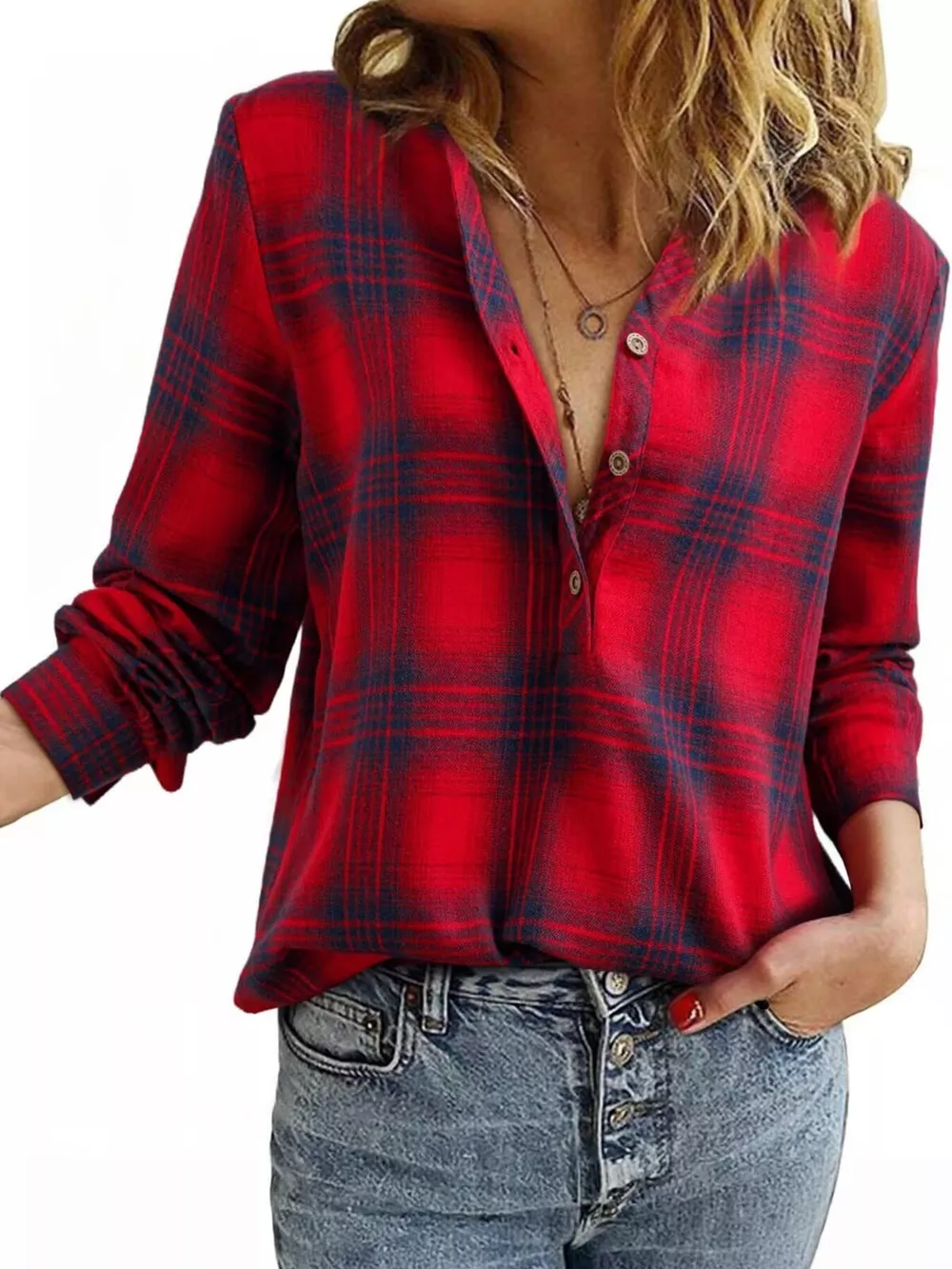 Plaid Half Button Long Sleeve Blouse, image 11