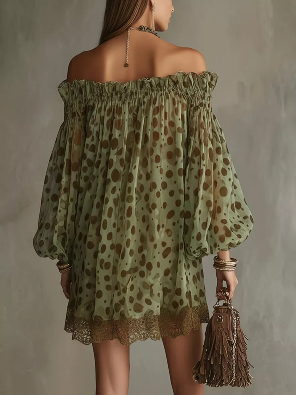 Off-Shoulder Polka Dot Sheer Mini Dress, image 2