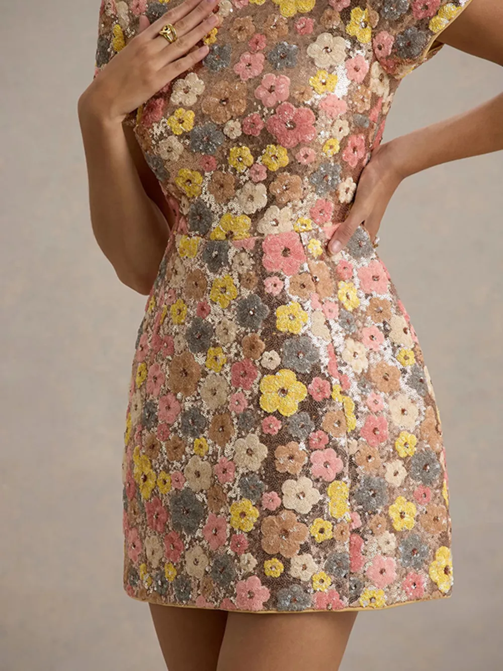 Floral Sequin Short Sleeve Mini Dress, image 2