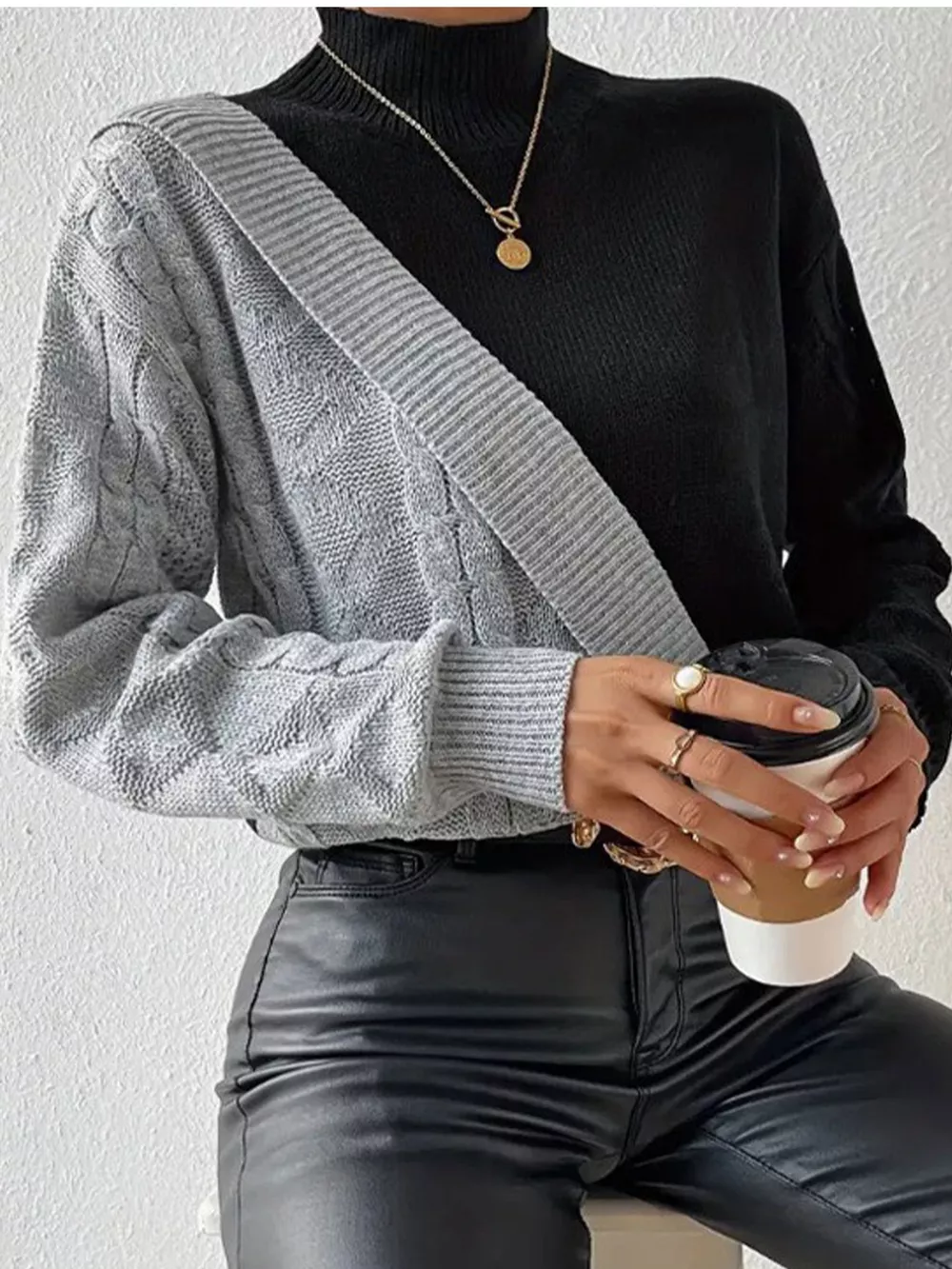 Color Block Cable Knit Mock Neck Sweater, image 4