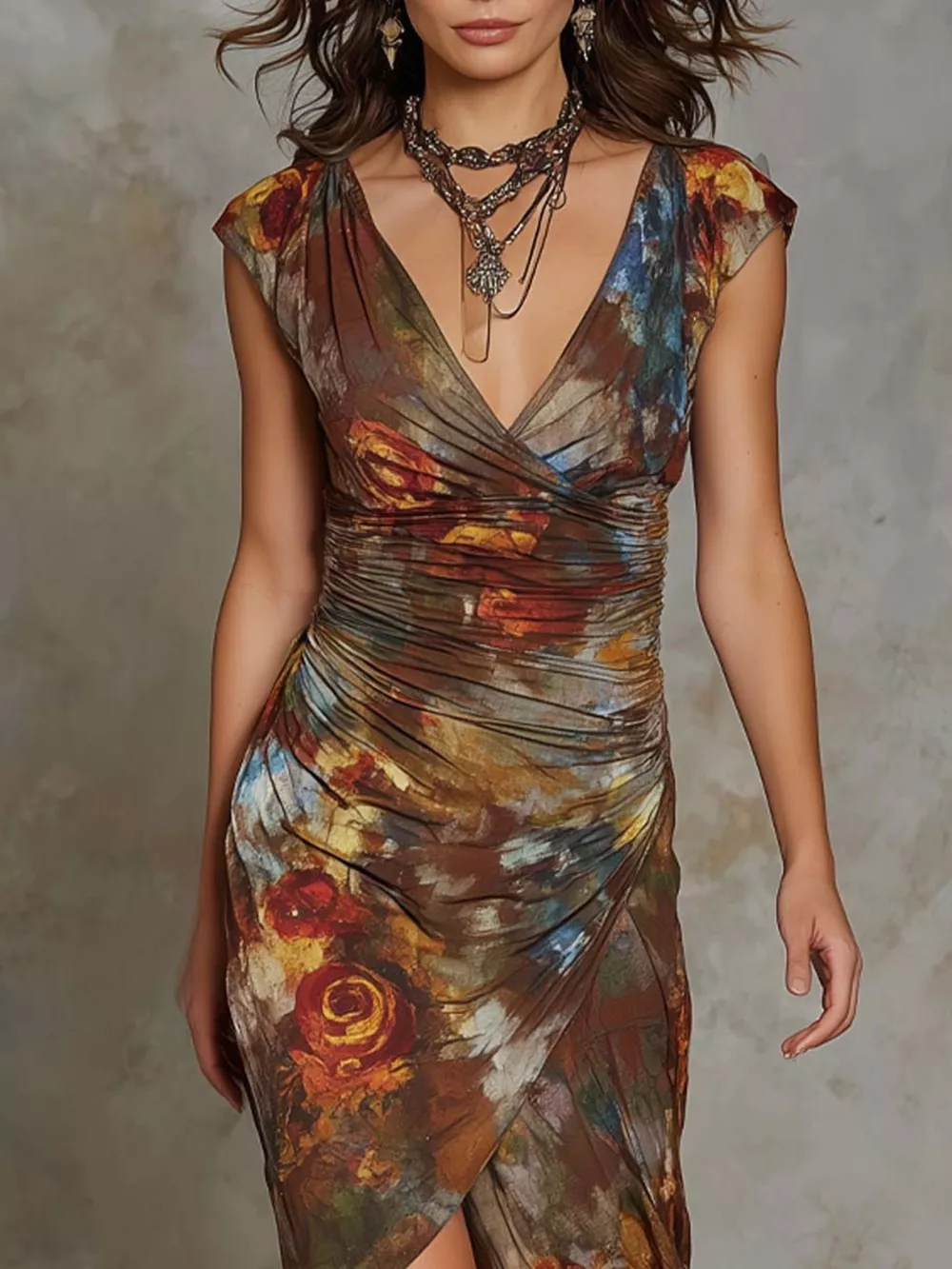 Floral Print Ruched Wrap Midi Dress, image 2