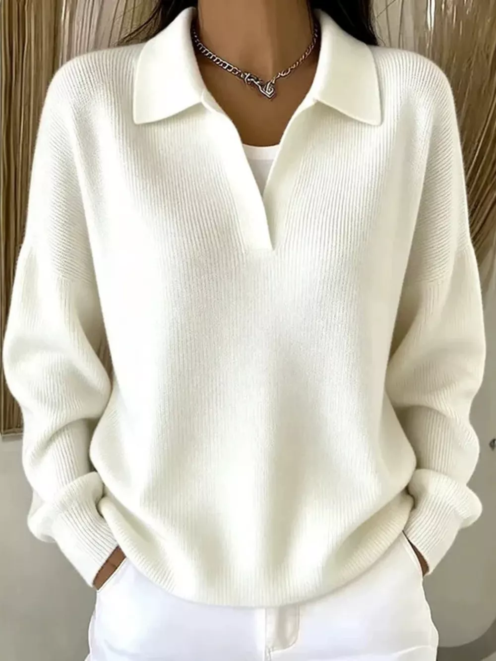 Ribbed Knit Polo Collar Sweater, image 2