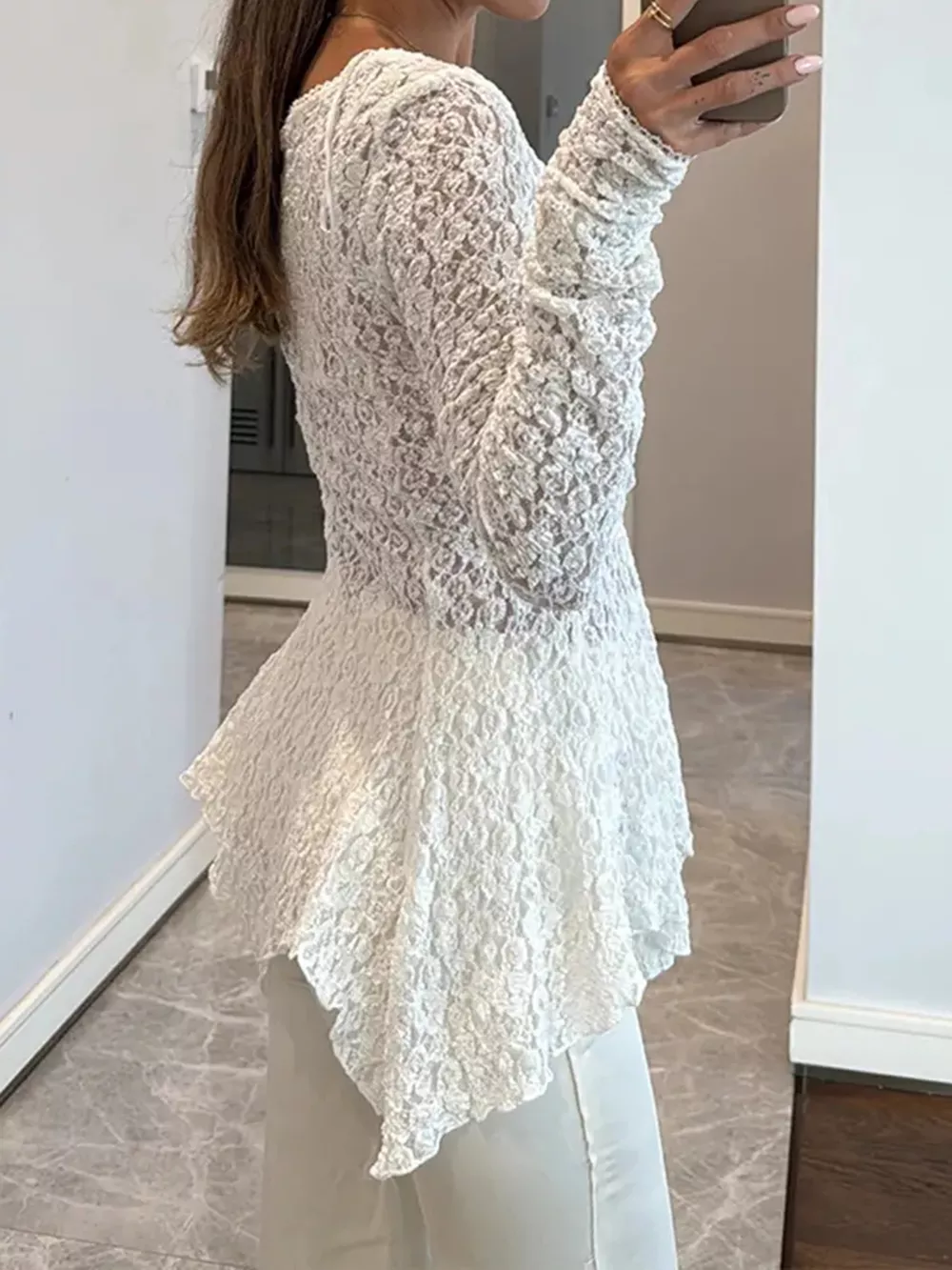 Elegant Floral Lace V-Neck Button-Down Peplum Blouse, image 4