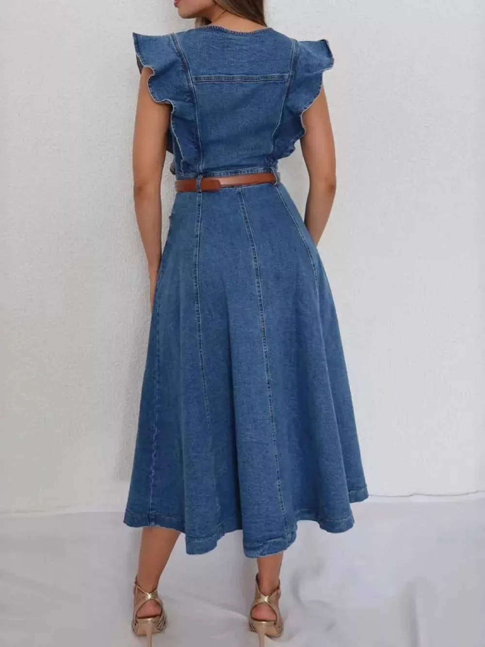 Ruffled Button Front Denim Dress, image 2