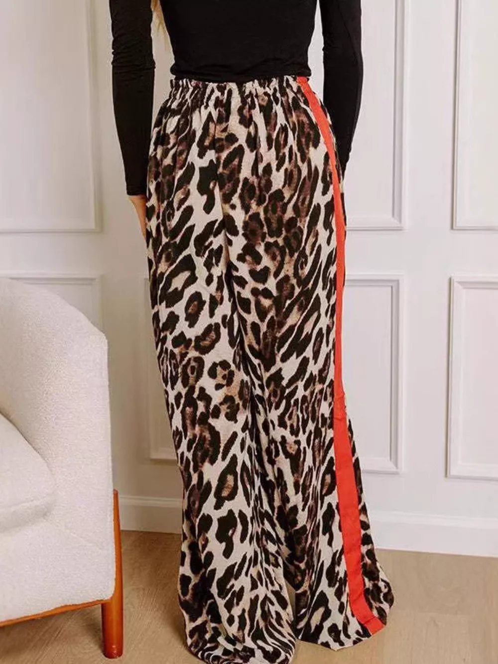 Leopard Print Wide Leg Pants with Side Stripe, image 2