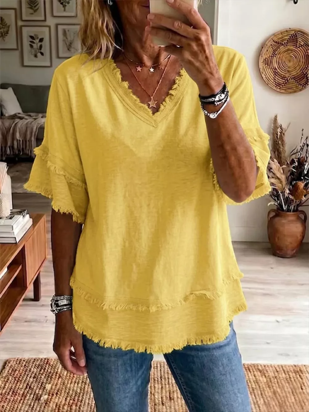 Full Size Frayed Edge V-Neck Blouse Plus Size, image 7