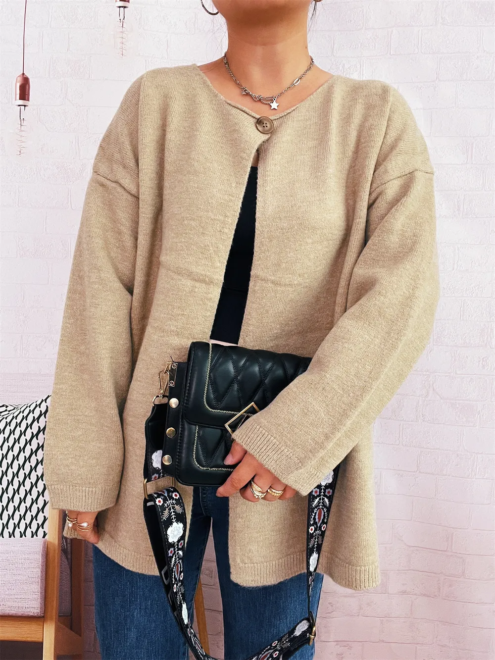 One Button Front Drop Shoulder Cardigan, image 11