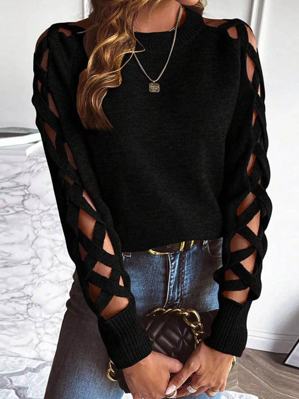 Criss-Cross Cutout Long Sleeve Sweater, image 5