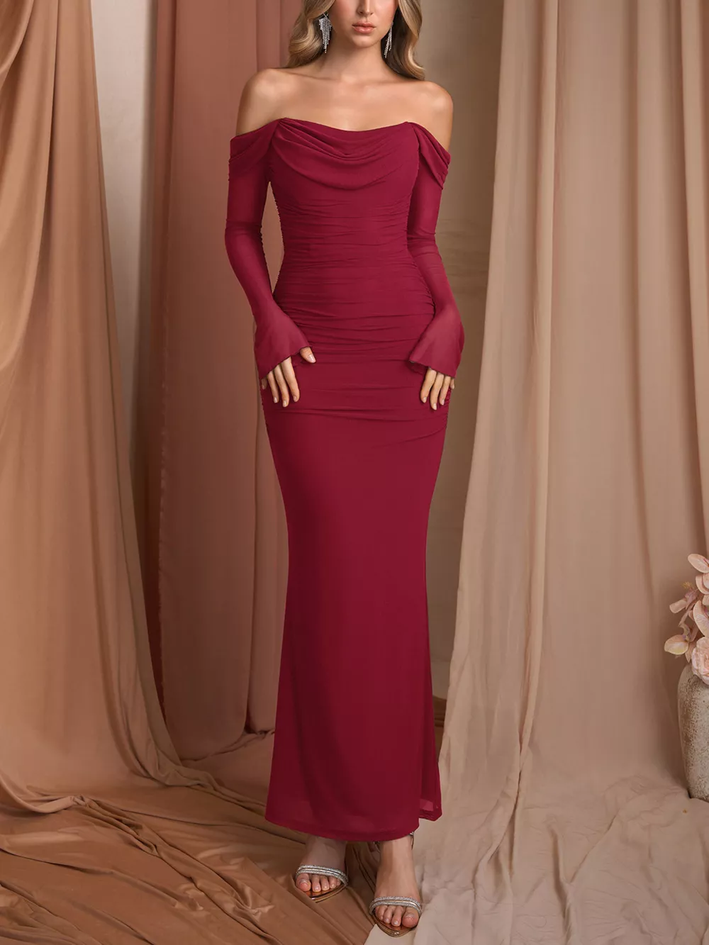 Off-Shoulder Ruched Mermaid Maxi Dress, image 9