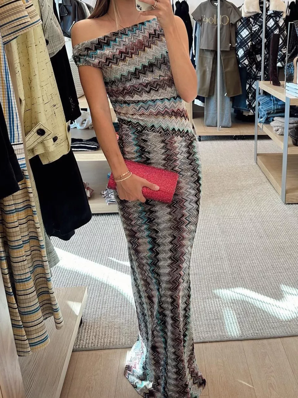One-Shoulder Zigzag Knit Maxi Dress, image 4