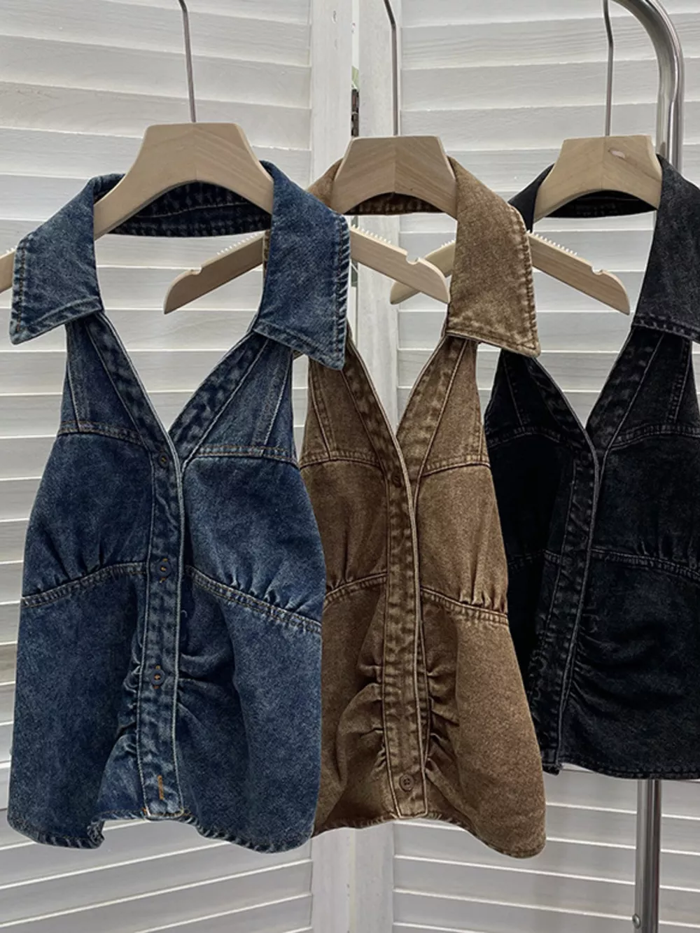 Smocked Denim Halter Collar Top, image 6