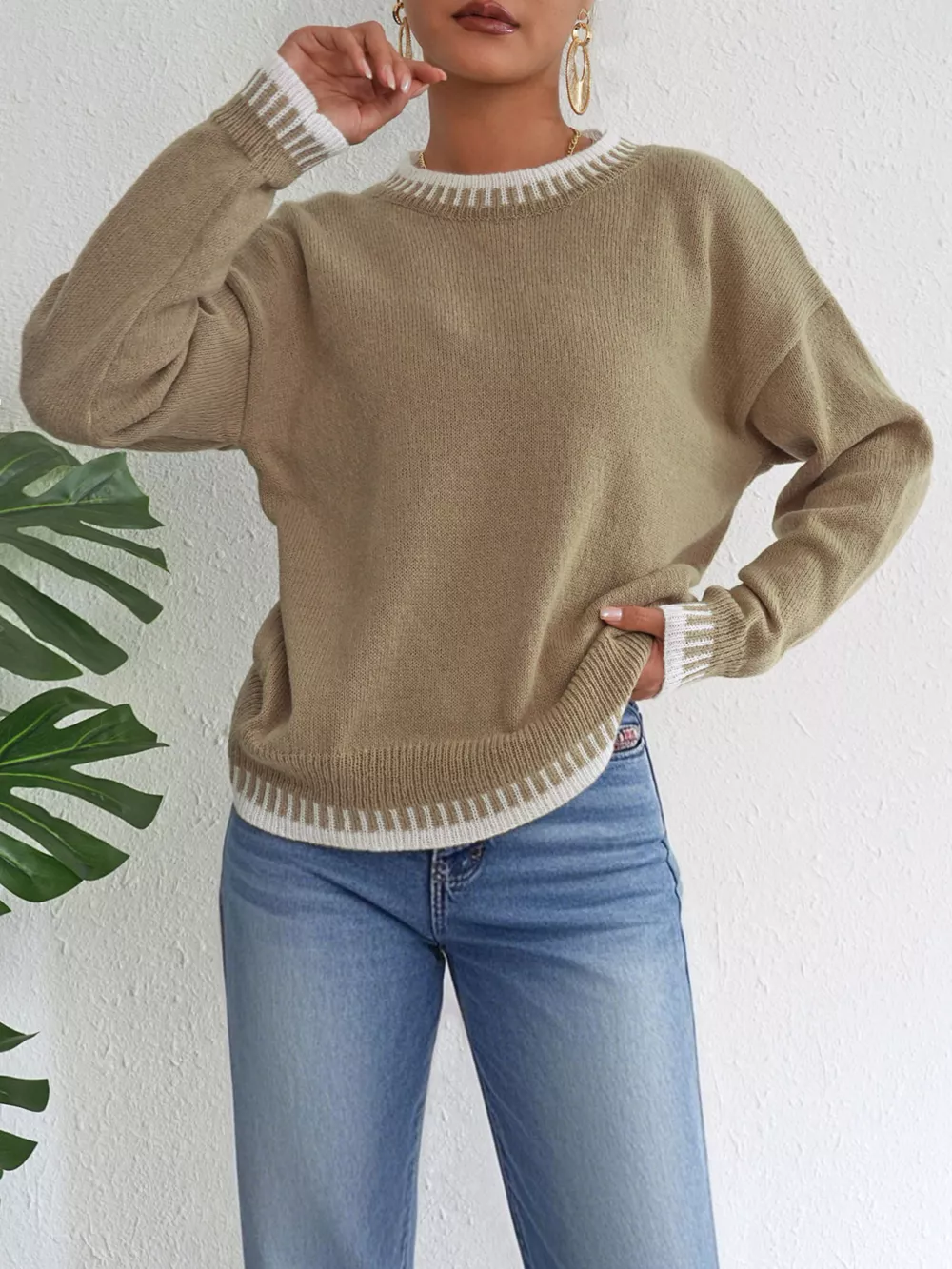 Contrast Trim Crew Neck Drop Shoulder Sweater, image 9