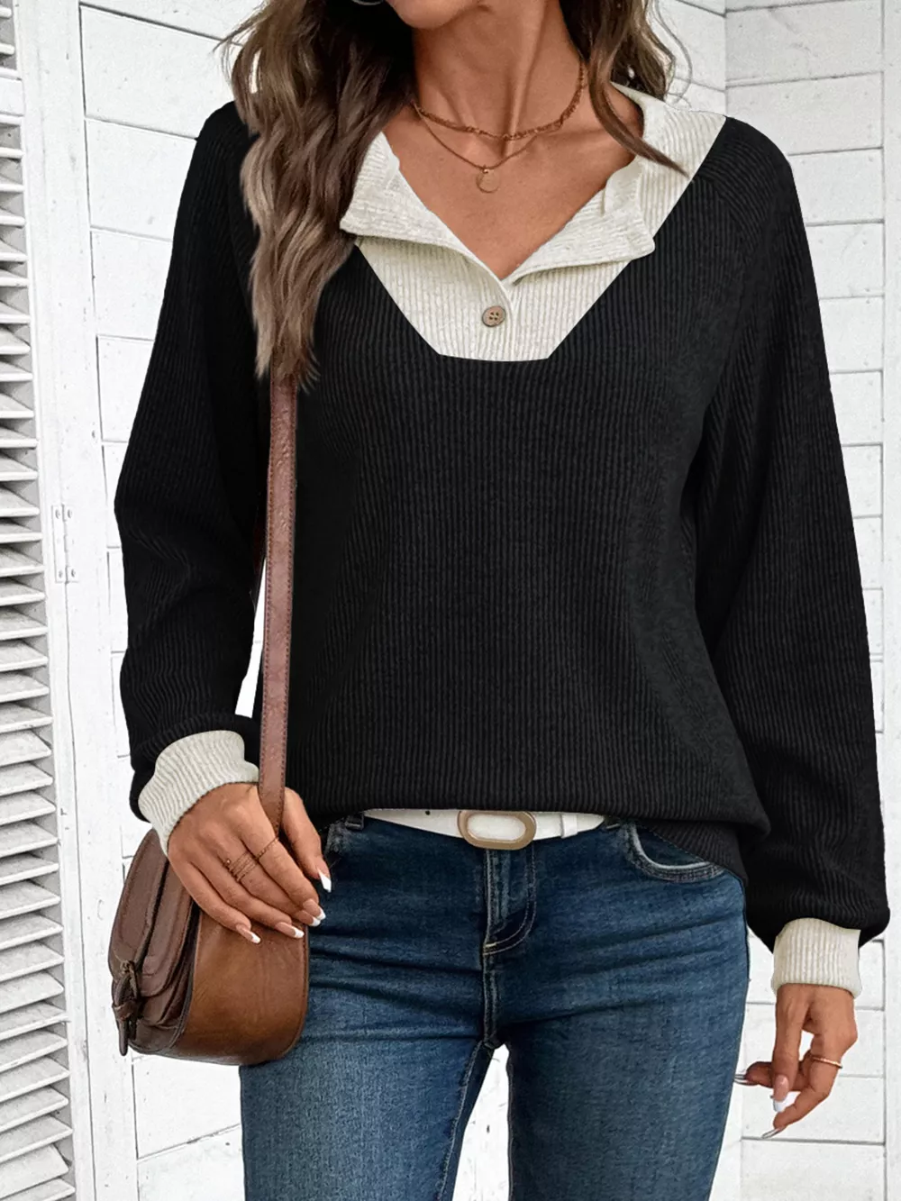 Ribbed Knit Two-Tone Top, image 2