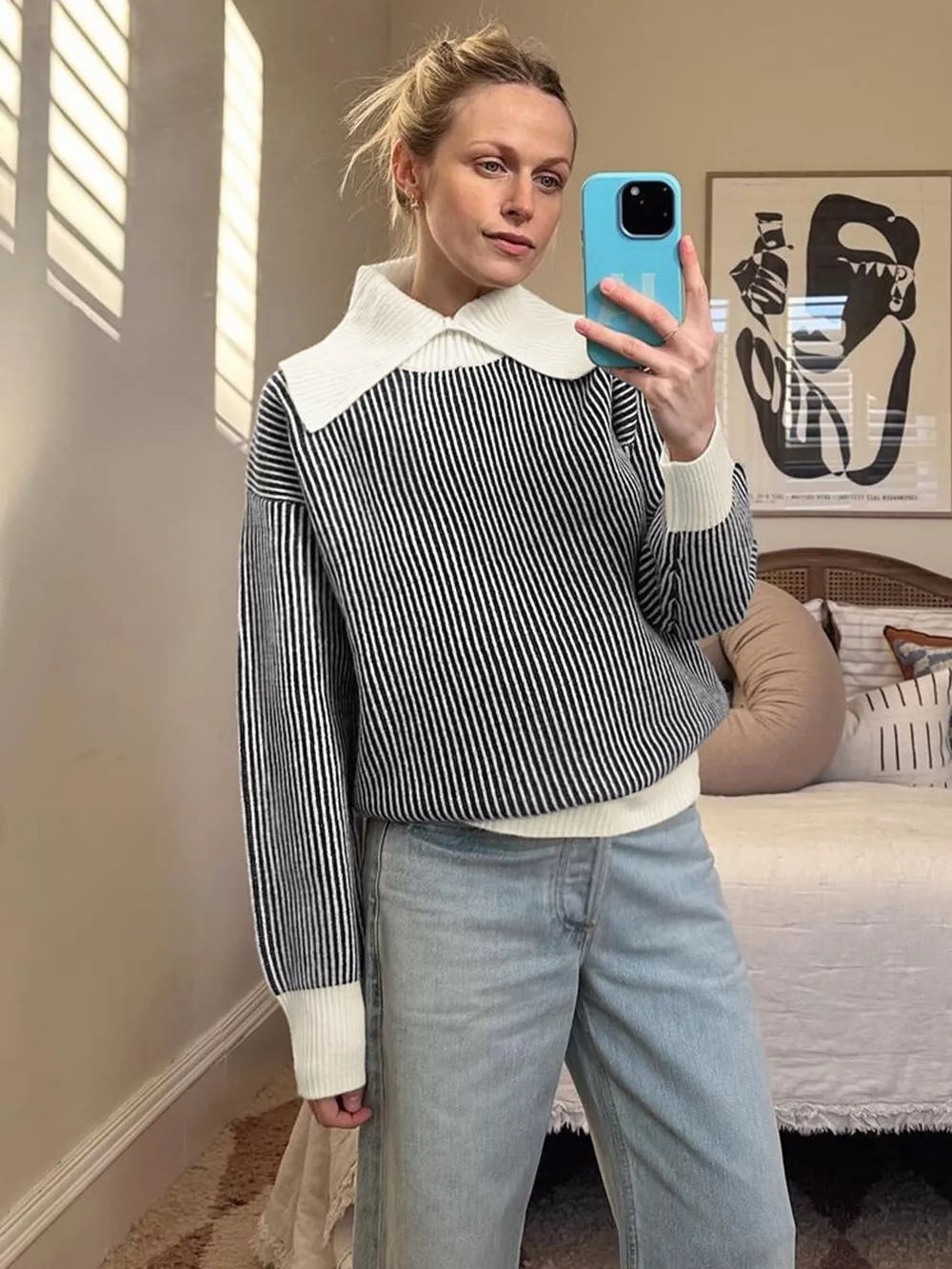 Striped Knit Sweater with Contrast Collar, image 4