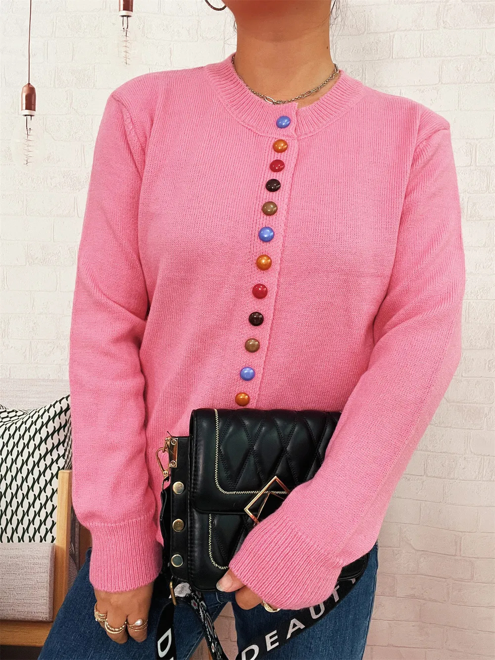 Button-Front Cardigan with Colorful Detail Buttons, image 4