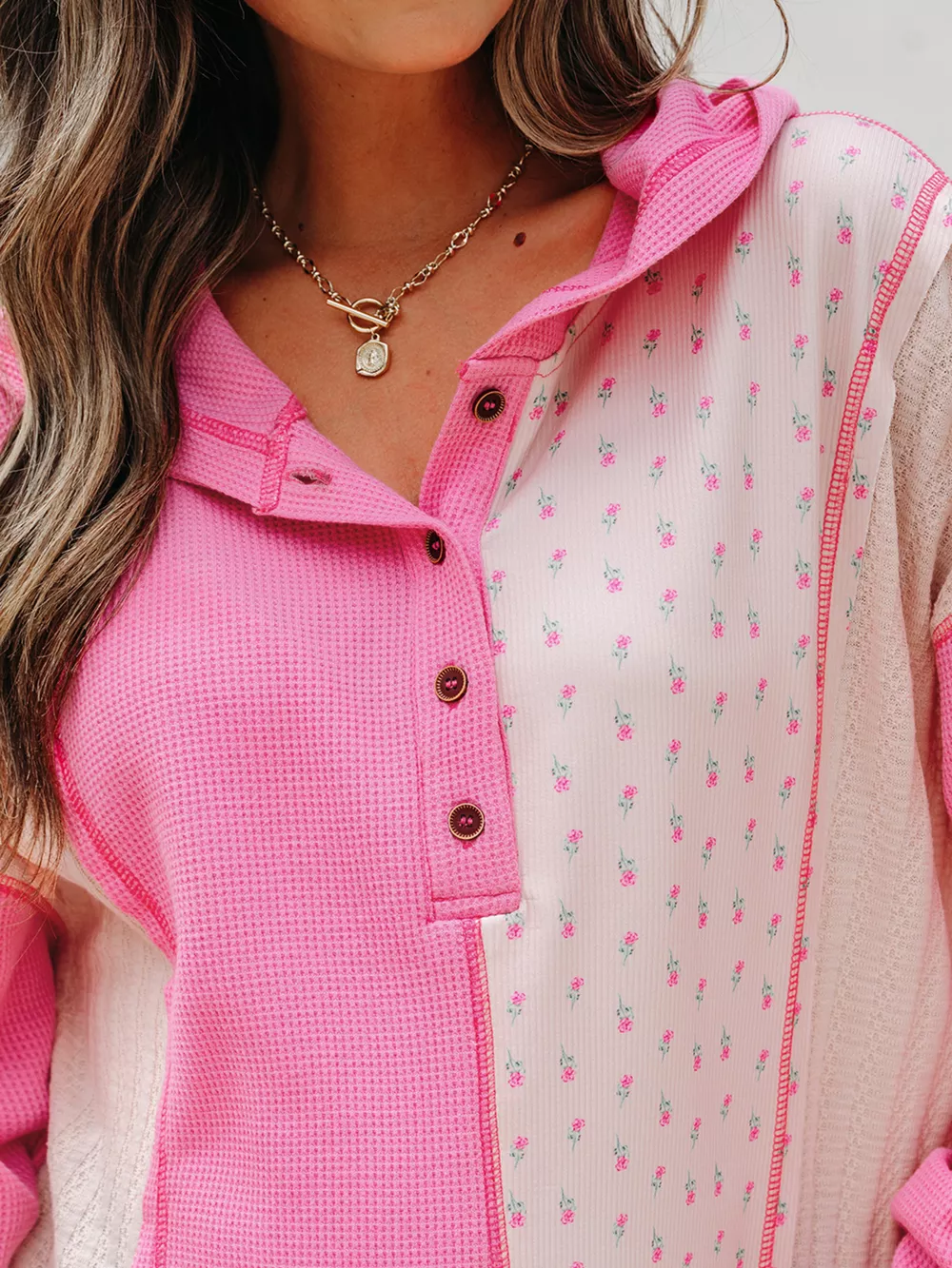 Mixed Texture Waffle Floral Patchwork Hooded Oversize Pullover, image 4