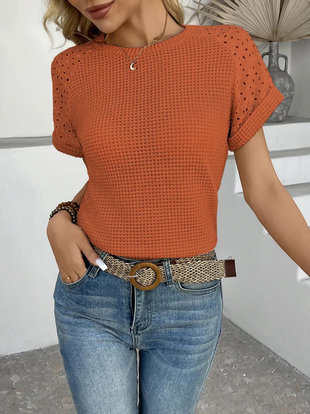 Hollow Out Waffle Knit Short Sleeve T-Shirt, image 7