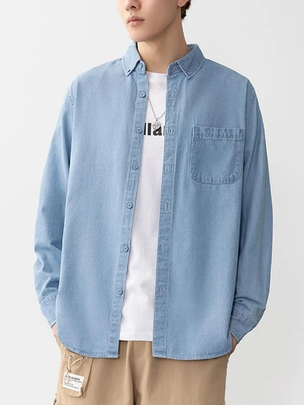 Men's Plus Size Button Up Long Sleeve Denim Shirt, image 8
