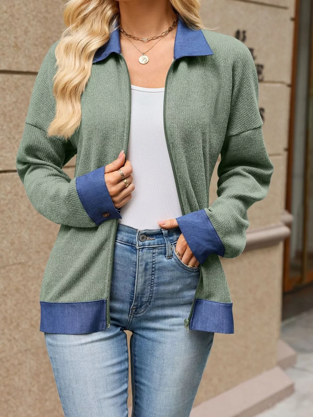 Contrast Denim Collar Zip Up Outerwear, image 22