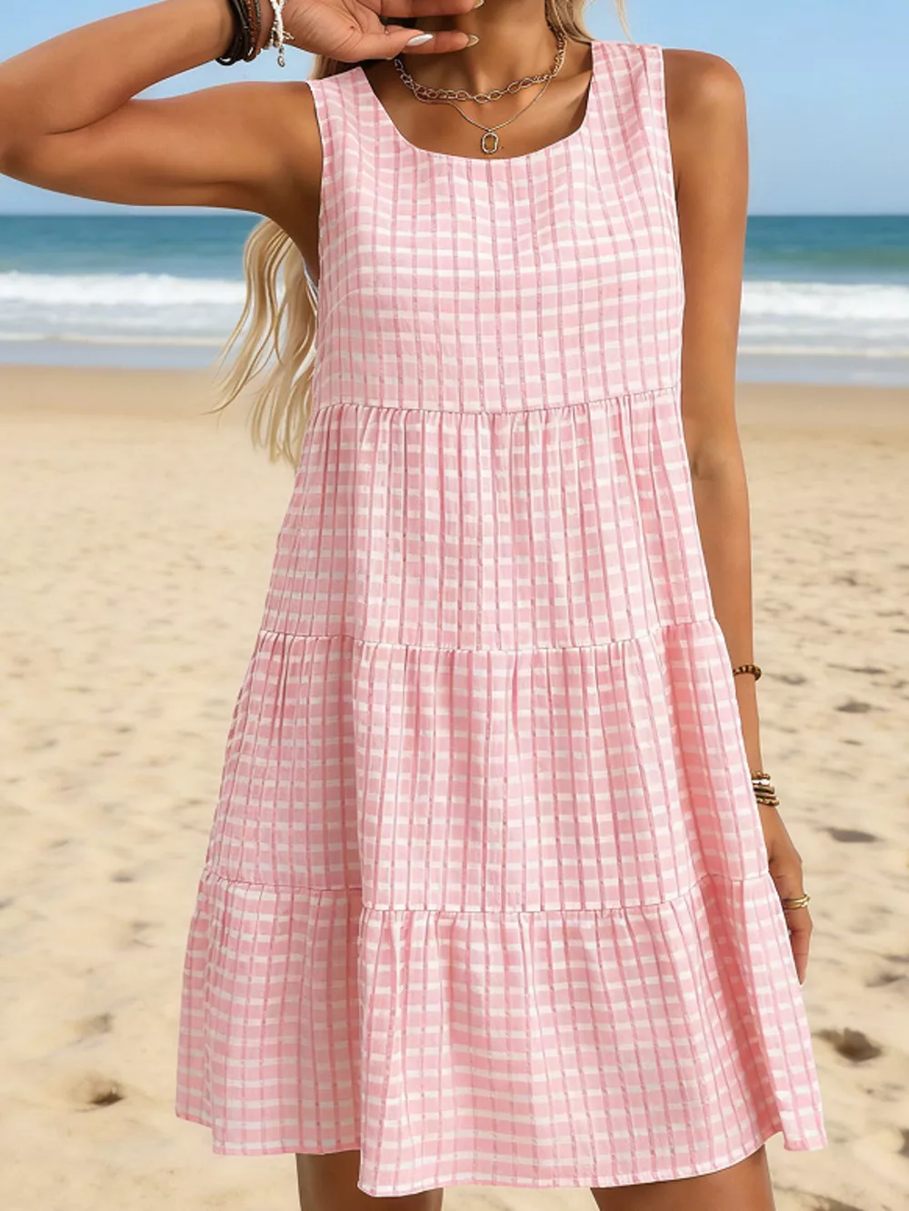 Textured Sleeveless Tiered Mini Dress, image 5