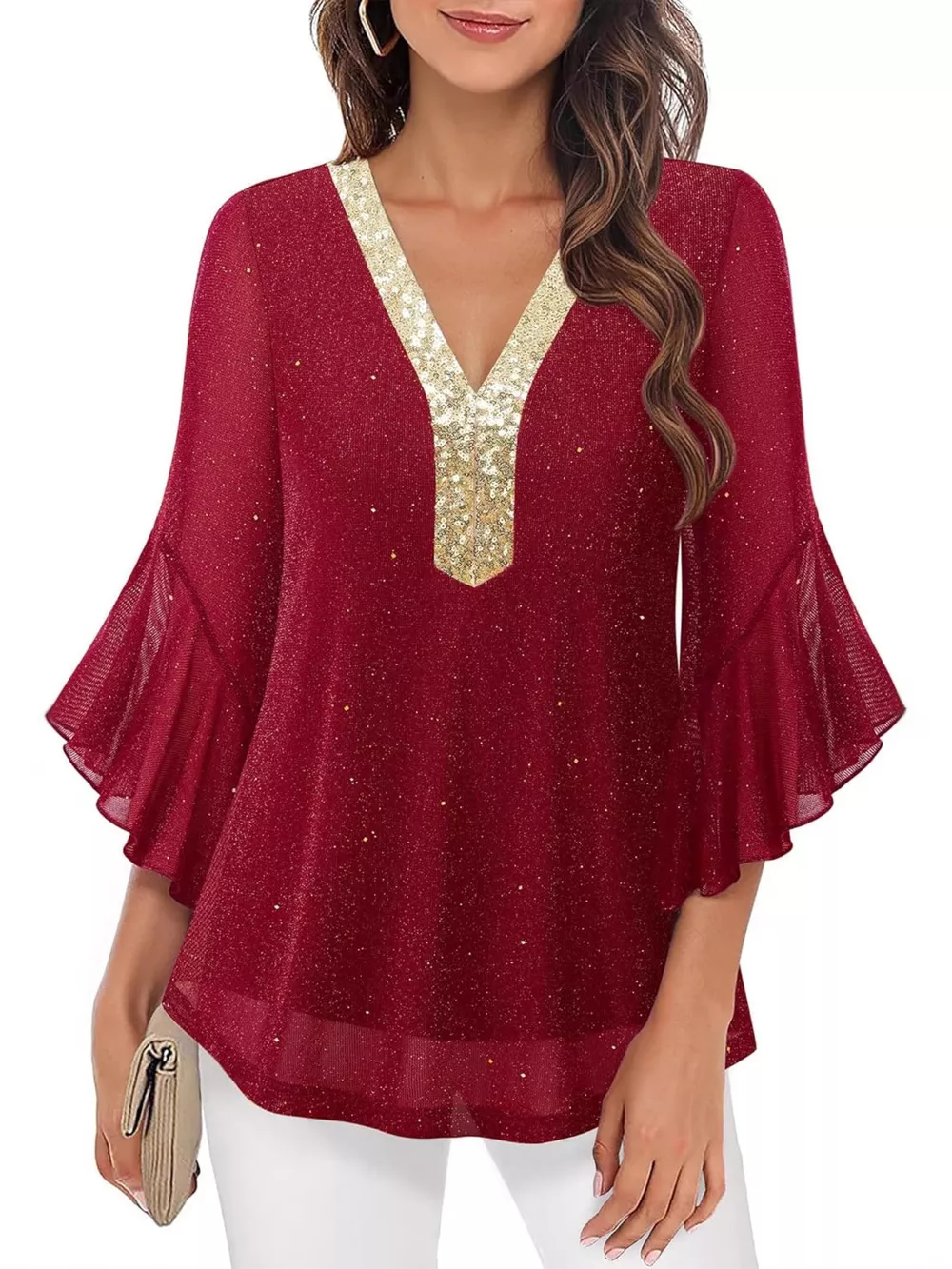 Sequin V-Neck Flounce Sleeve Blouse, image 11