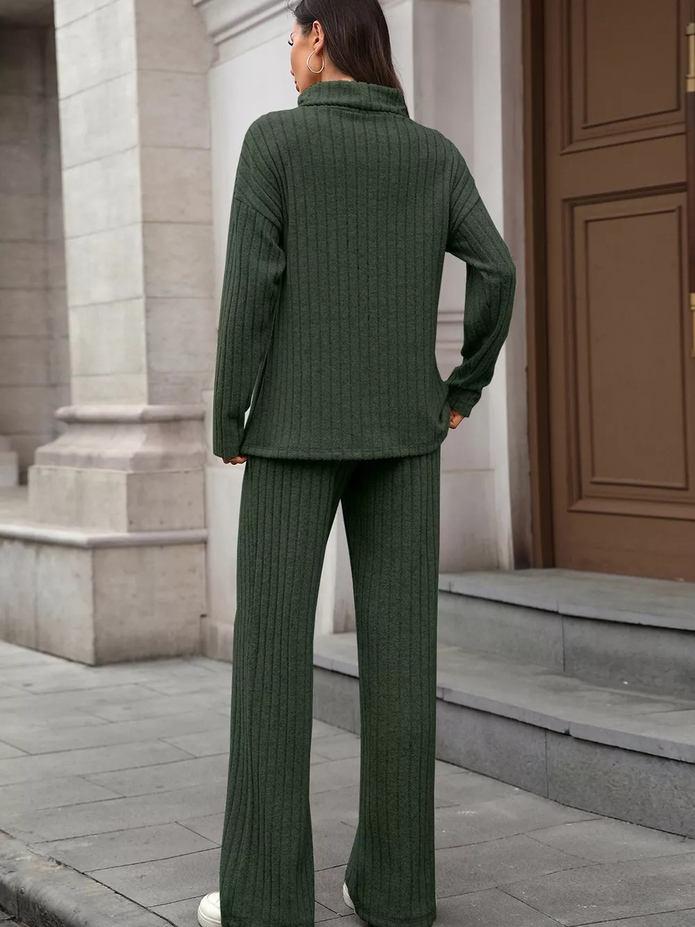 Ribbed Turtleneck Dropped Shoulder Top and Pants Sweater Set, image 15