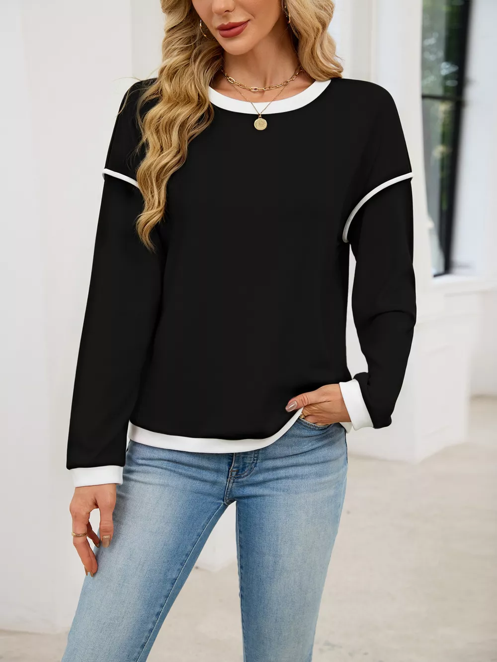 Contrast Trim Long Sleeve Sweatshirt, image 2
