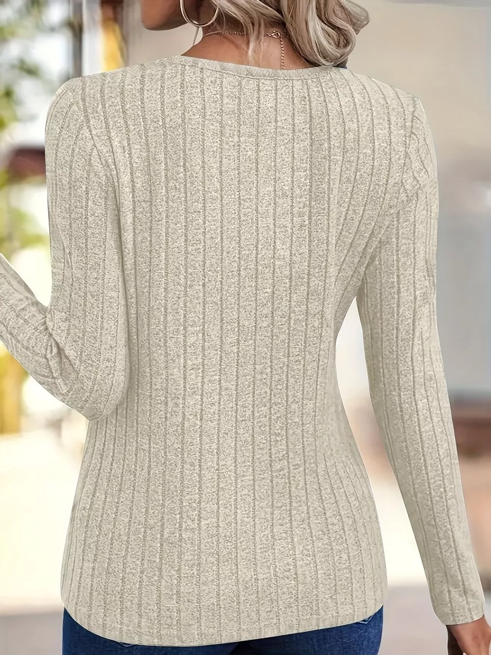 Ribbed Knit V-Neck Long Sleeve T-Shirt, image 5