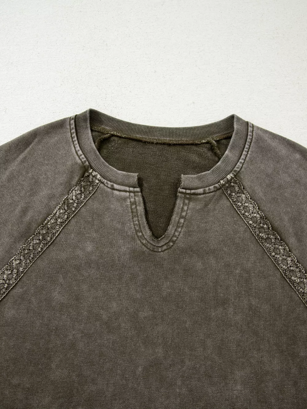 Lace Patchwork Detail Notched Mineral Wash Sweatshirt, image 6