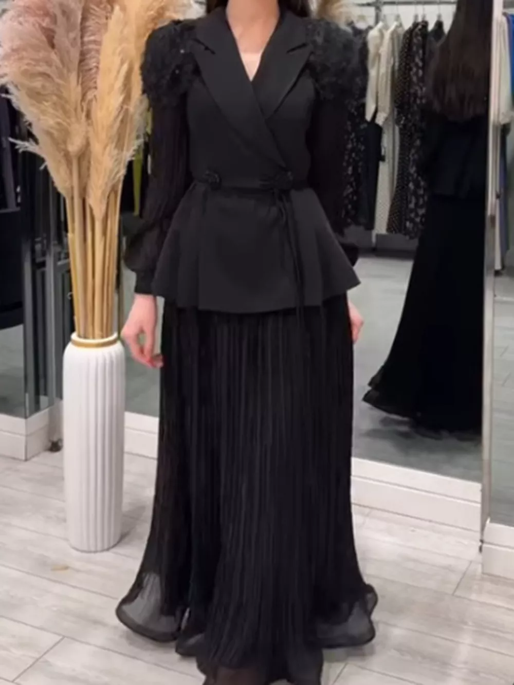 Frill Lapel Collar Top and Pleated Skirt Set, image 26