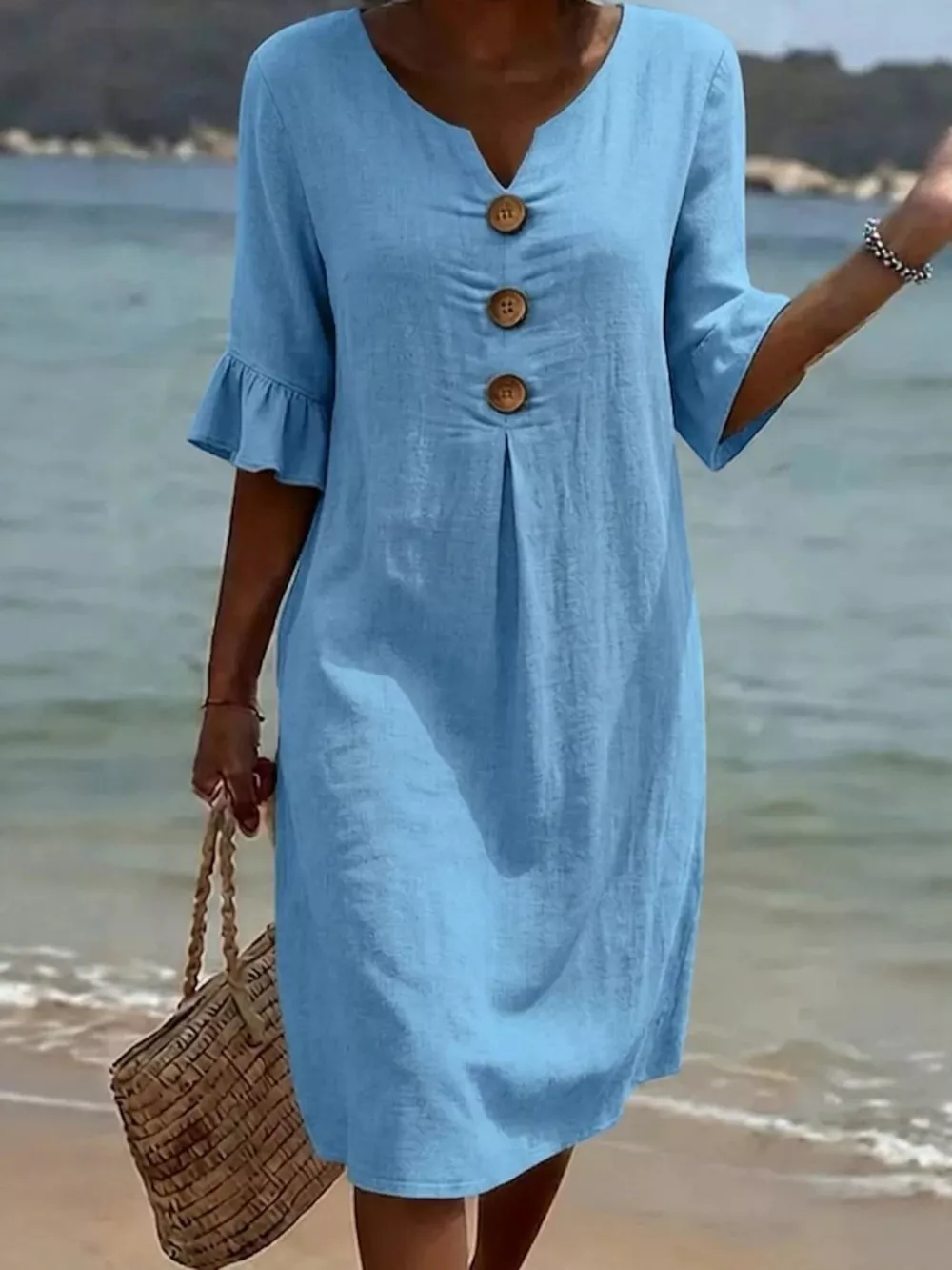 Full Size Casual Decor Button Dress with Ruffle Sleeves Plus Size, image 5