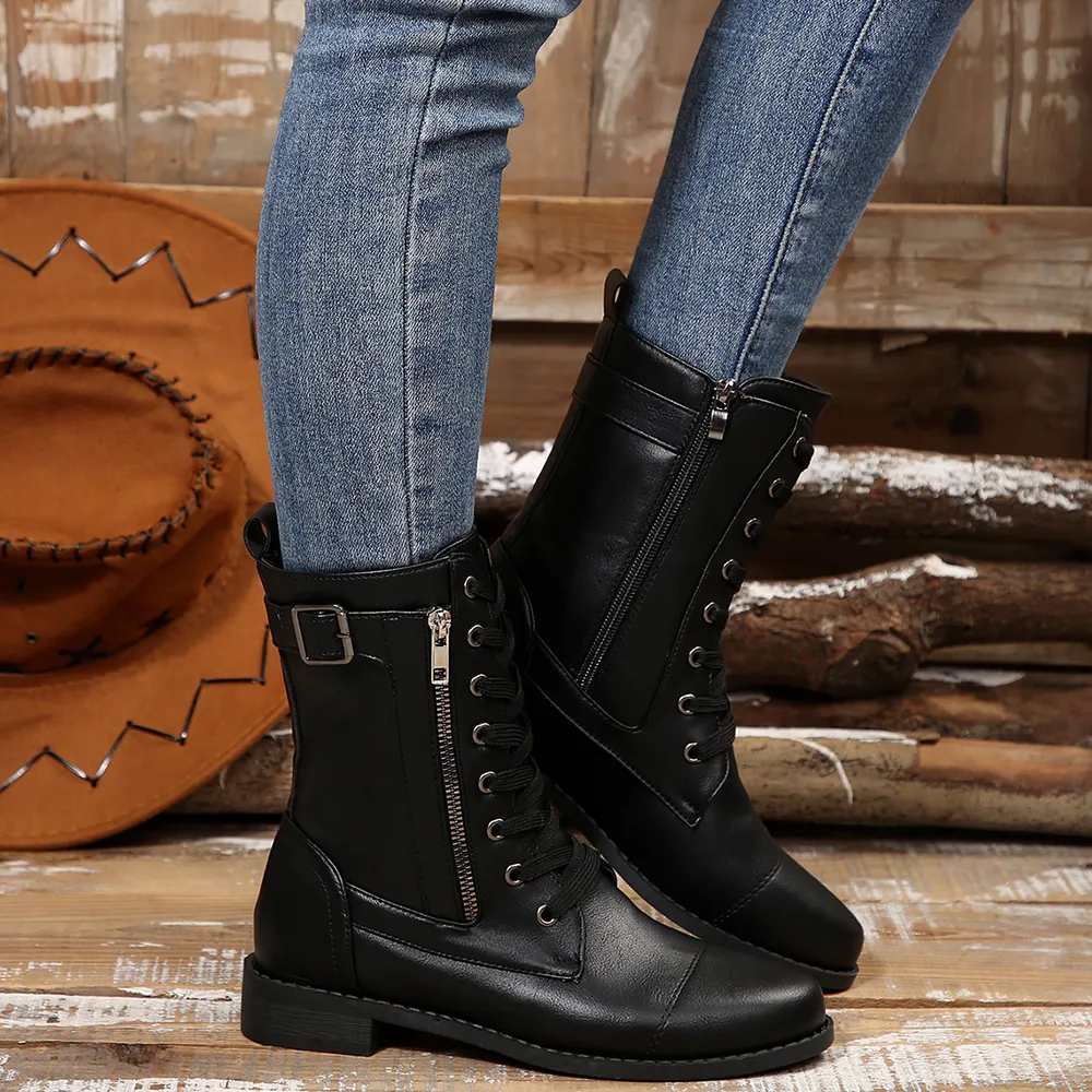 Round Toe Lace Up Block Heels Boots, image 4