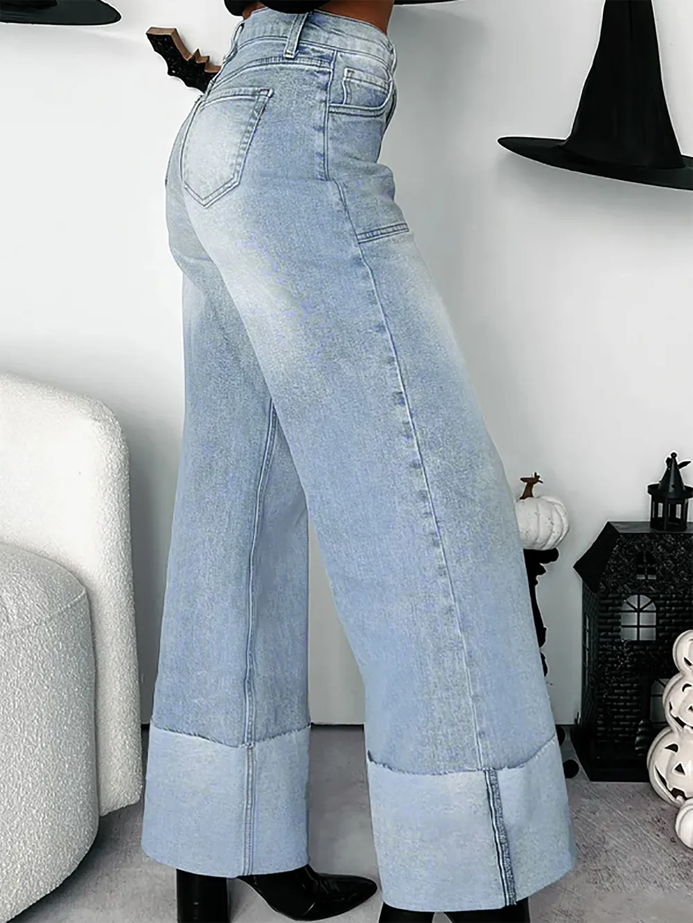 High-Waisted Wide-Leg Jeans with Cuffed Hem, image 2