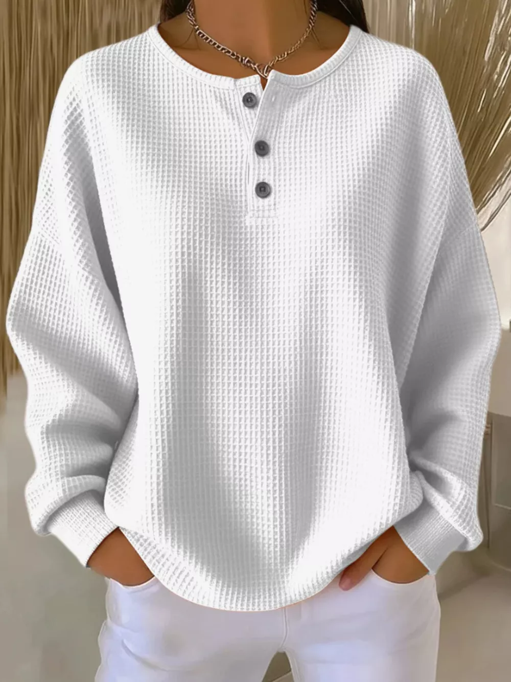 Full Size Waffle Knit Button Detail Top Plus Size, image 14