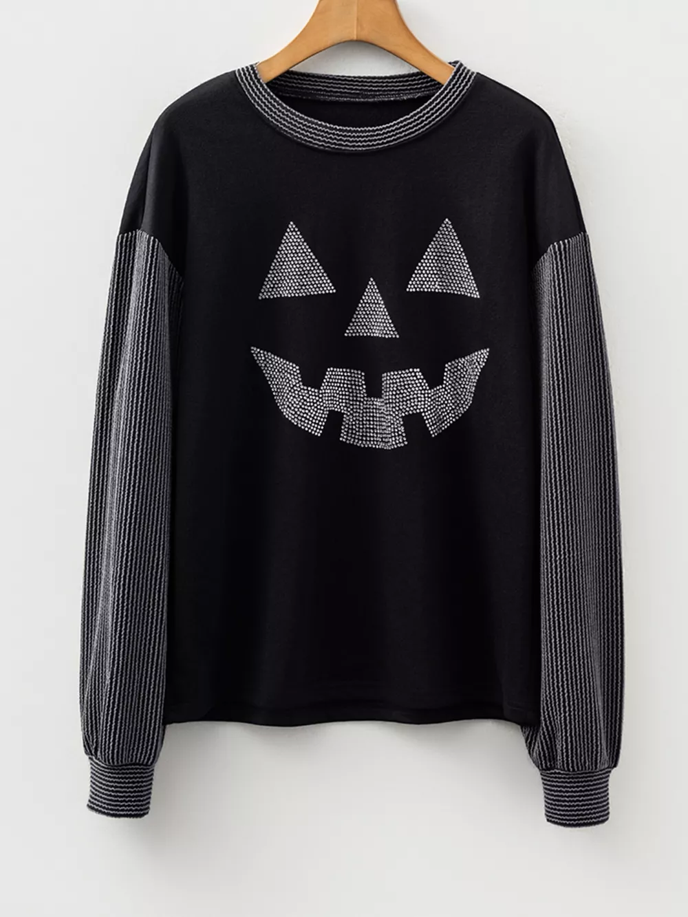 Halloween Rhinestone Pumpkin Face Contrast Ribbed Long Sleeve Patchwork Top, image 3