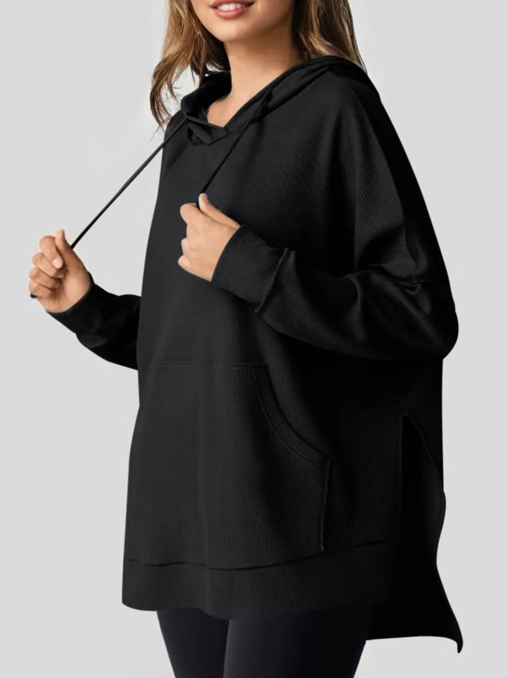 Slit Drawstring Waffle Knit Hoodie, image 7