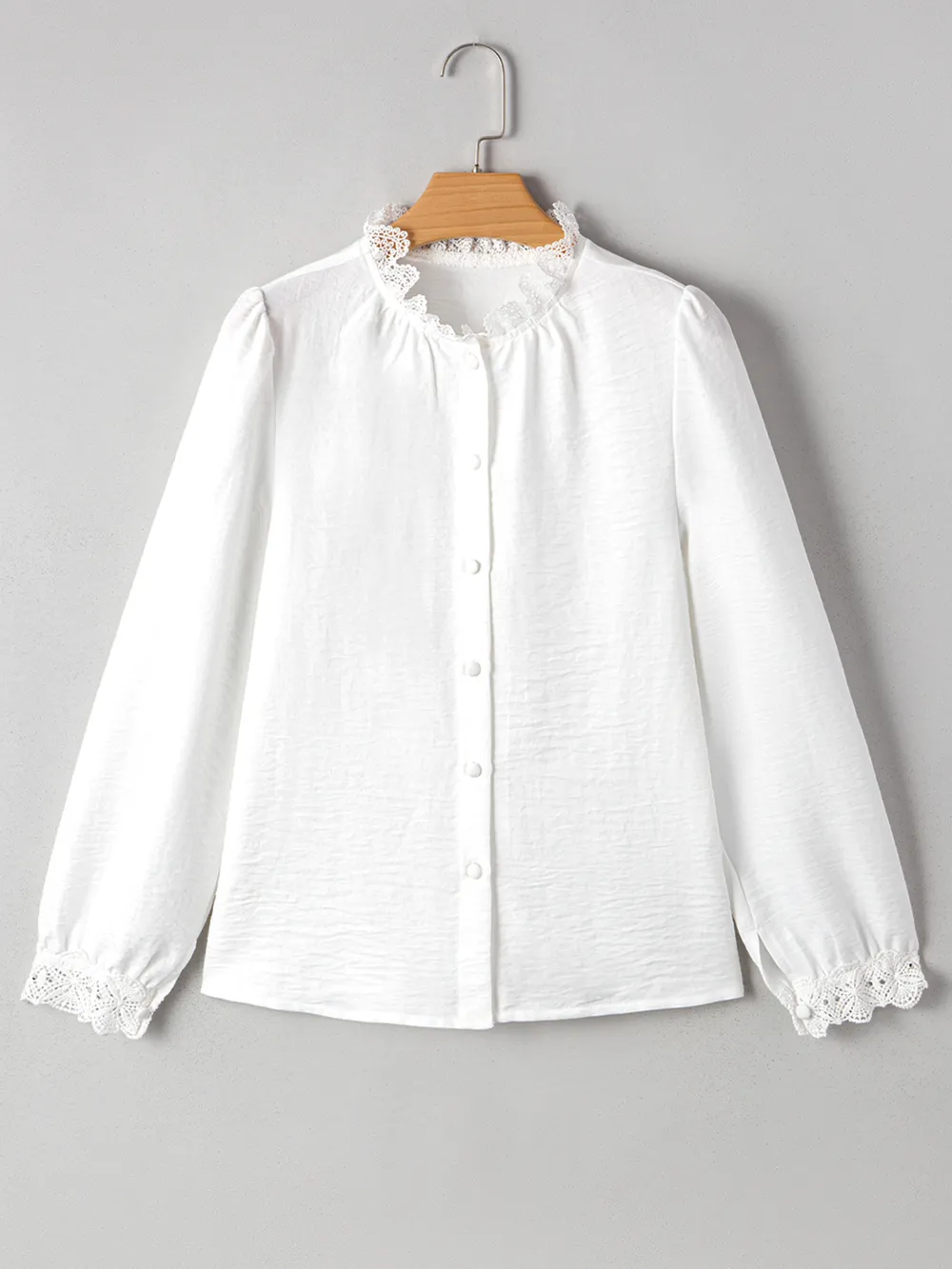 Lace Patchwork Buttoned Stand Neck Loose Shirt, image 7